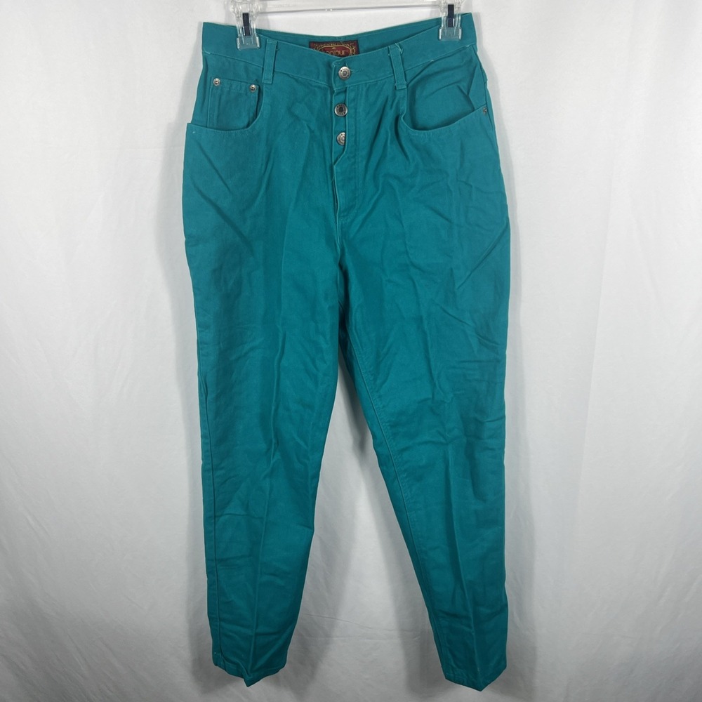 Vintage 90's Bonjour Women's Button Up Pants Teal Green Size 13/14 100% Cotton